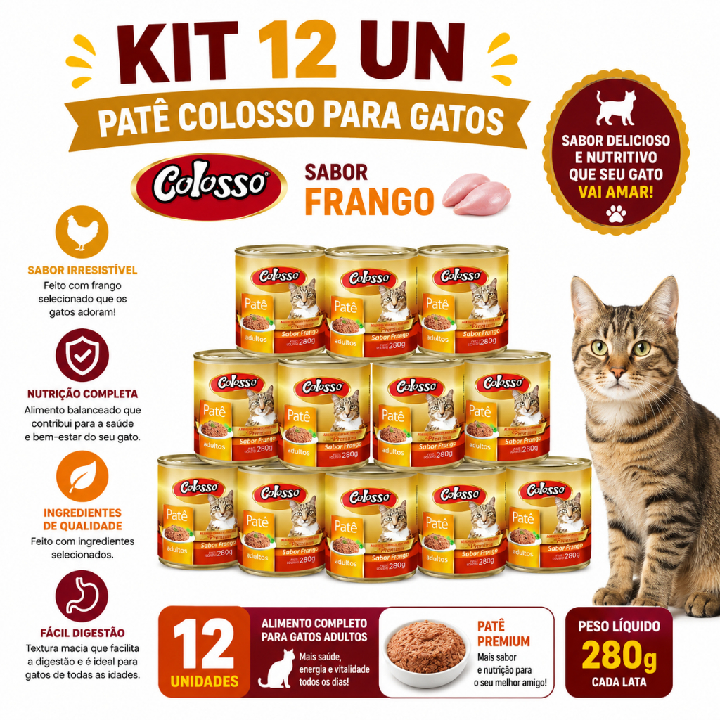 Kit 12 Un - Patê Colosso para Gatos Frango 280g