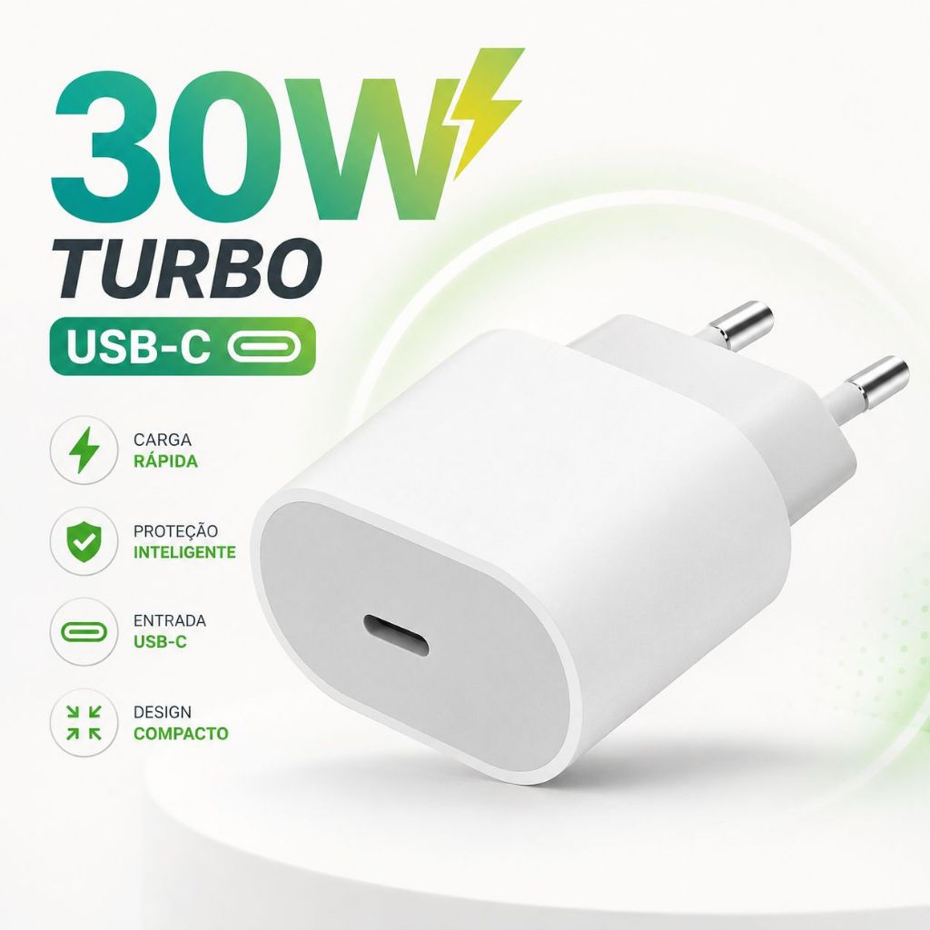 Fonte Turbo 30W Samsung Motorola iPhone 11 ao 16 Carregador USB-C Anatel Tipo-C