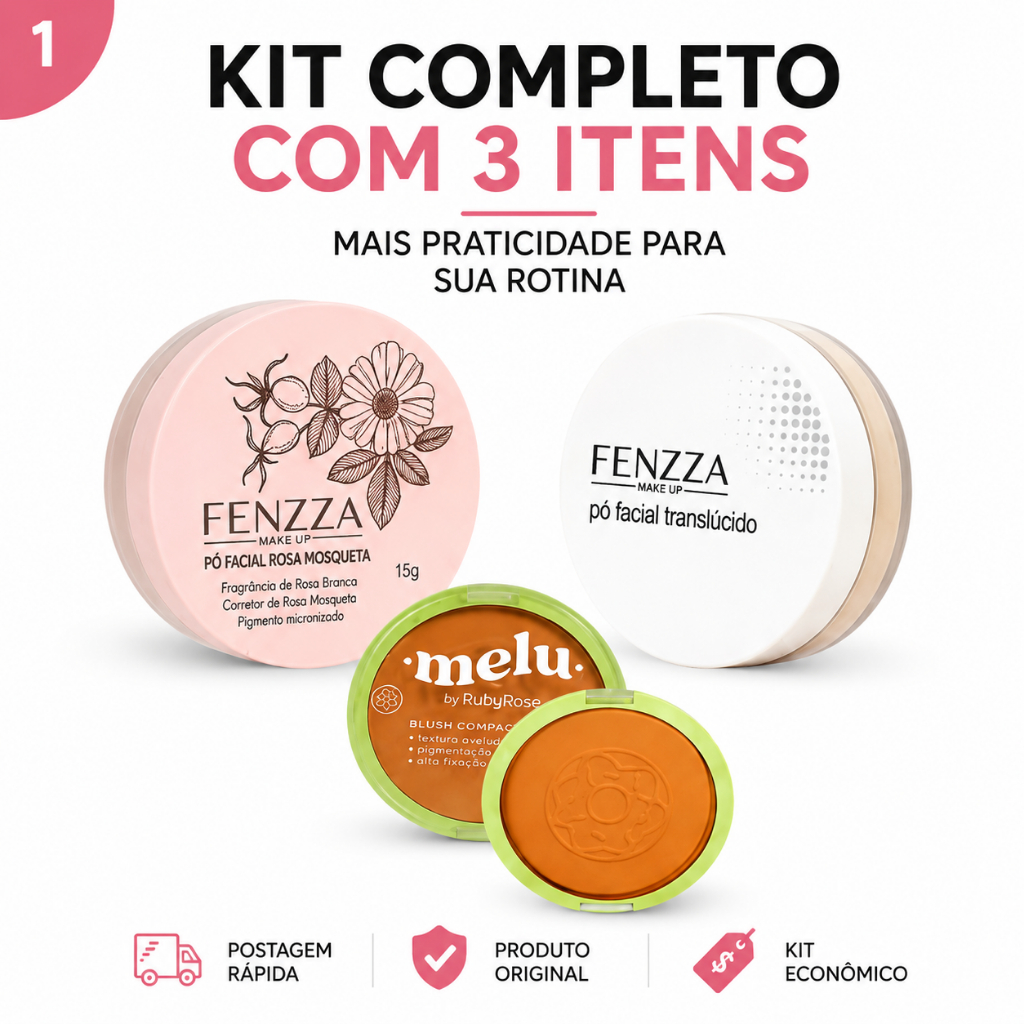 Kit 3 Un Pó Solto Facial Rosa Mosqueta Micronicado + Translúcido Fenzza Maquiagem Fixador Matte + Blush Compacto Melu
