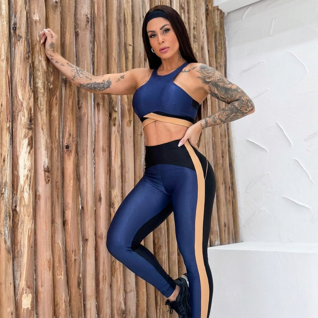 Conjunto feminino top e calça legging treino academia. Zero Transparência Poliamida premium
