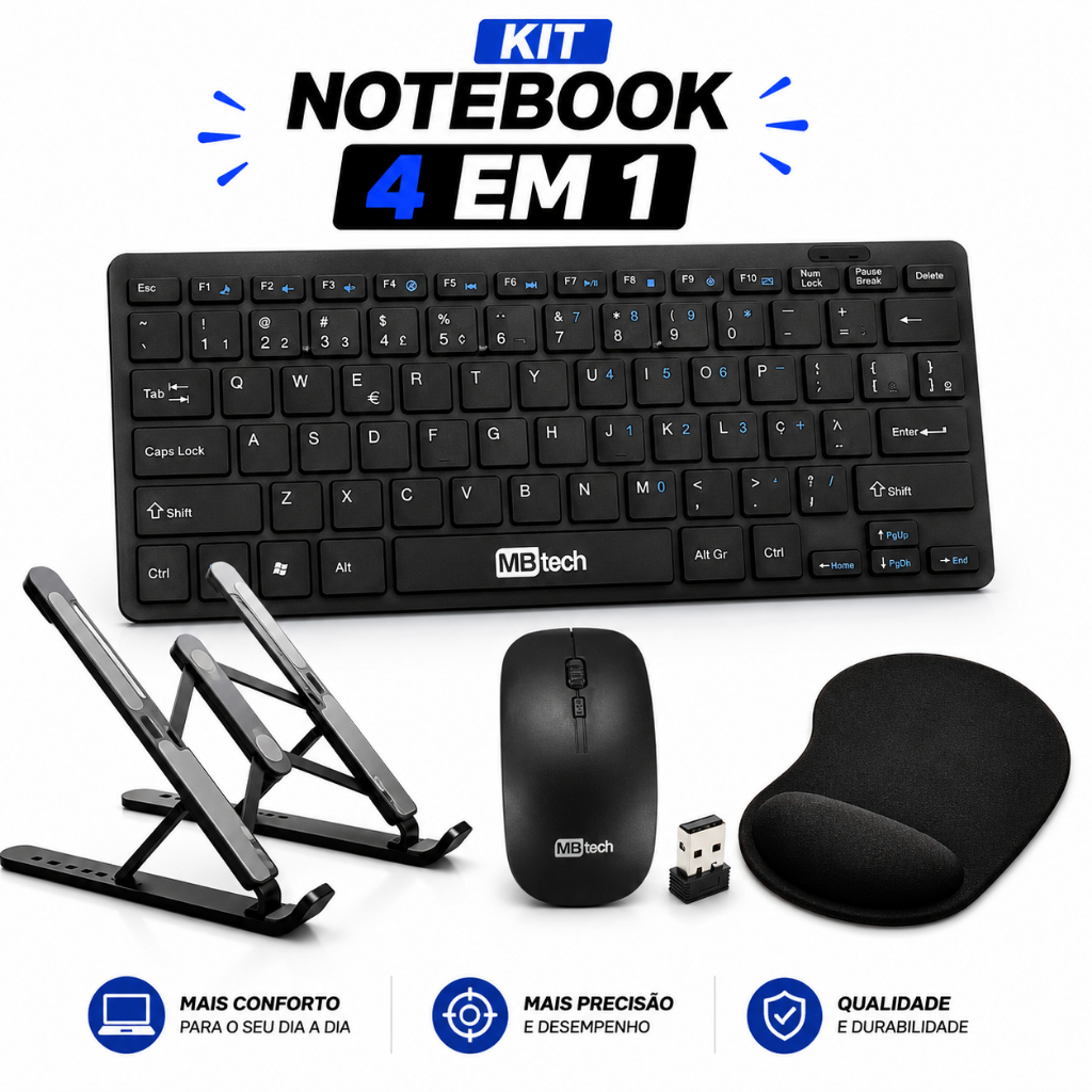 Kit Teclado Sem Fio + Mouse Sem Fio + Suporte Notebook + Mouse Pad