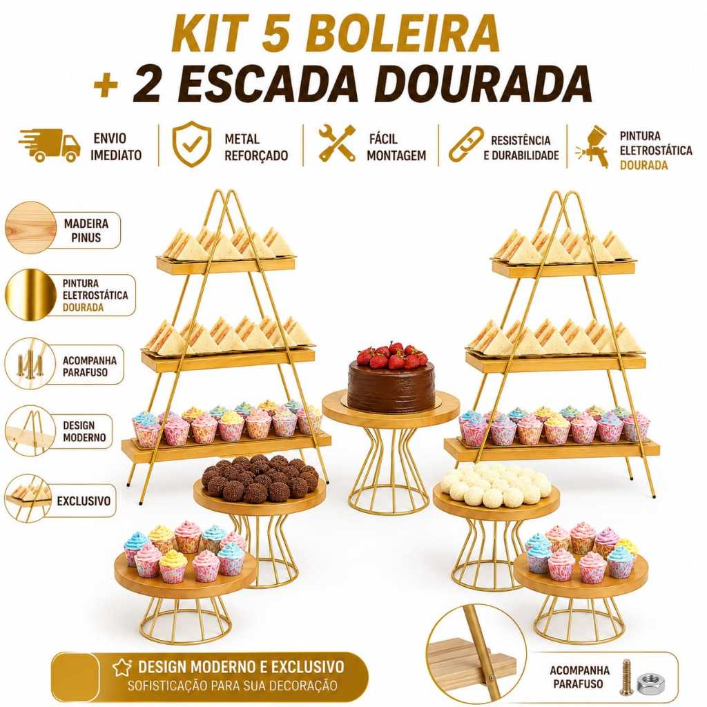 Kit Festa Completo – 5 Boleiras + 2 Doceiras Escada Douradas, Decorações Festas Aniversário, eventos