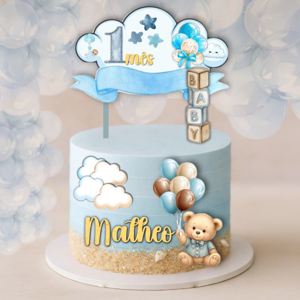 TOPO DE BOLO URSINHO REALEZA - Topper Decoração Urso Príncipe Personalizado Nome e Idade Menino Mesversário Aniversário