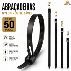 Kit Abraçadeira de Nylon Reutilizável 50, 100, e 200 Reforçado Enforca Gato Profissional 7,6mm