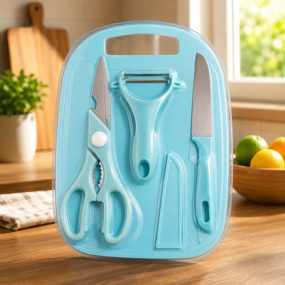 Conjunto Kit 4 Peças de Utensílios de Cozinha Faca Tesoura Descascador Tabua de Corte - Cor Sortida