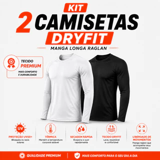 Kit 2 Camisetas Térmicas Dry Fit Premium Manga Longa Raglan UV50 Proteção Solar Segunda Pele | Acade