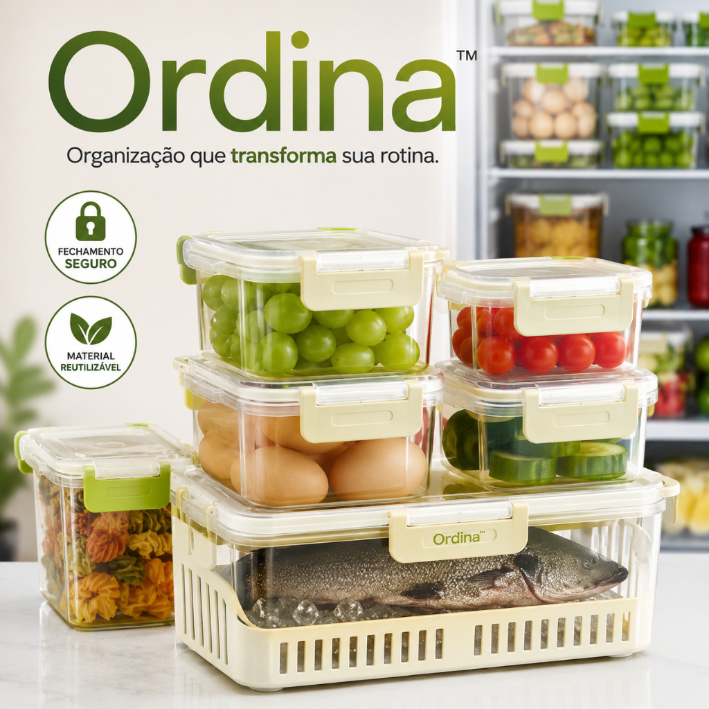 Kit Organizador de Geladeira 5 Potes Herméticos com Cesto Organizador | Potes para Frutas, Legumes, Verduras