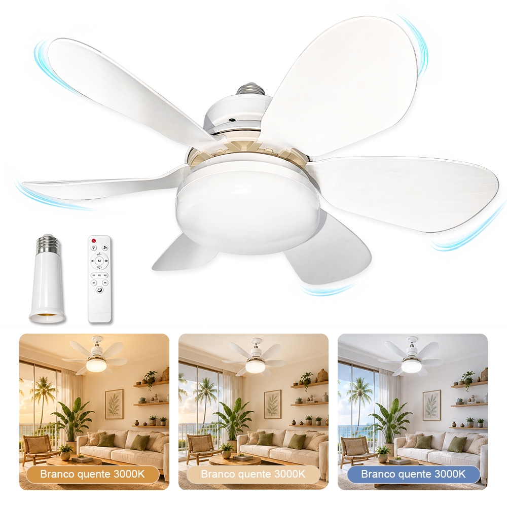 Ventilador de Teto com Luz LED E27 6 Pás Controle Remoto 3 Velocidades Timer Branco