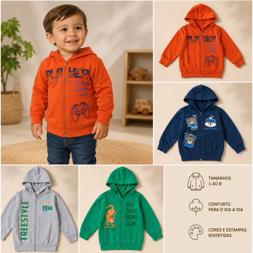 Casaco Infantil de Moletom com Capuz e Zíper | Masculino | Tamanhos 1 ao 8 | Quentinho e Confortável Flanelado/Inverno