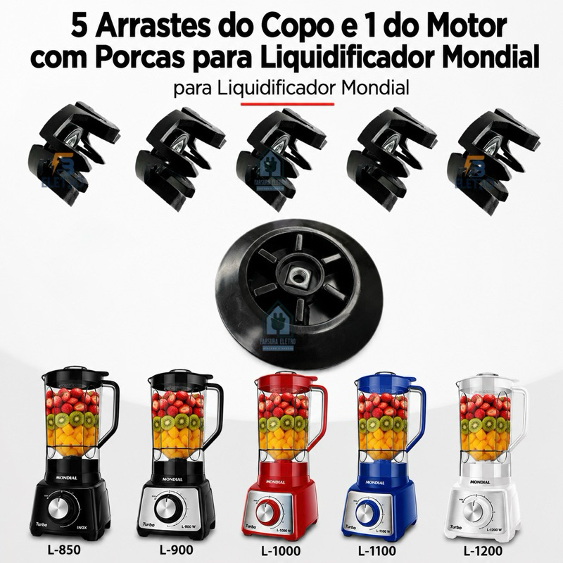 Kit C/5 Arraste do Copo e 1 Arraste do Motor para Liquidificador Mondial L900 L1000 L1100 e L1200