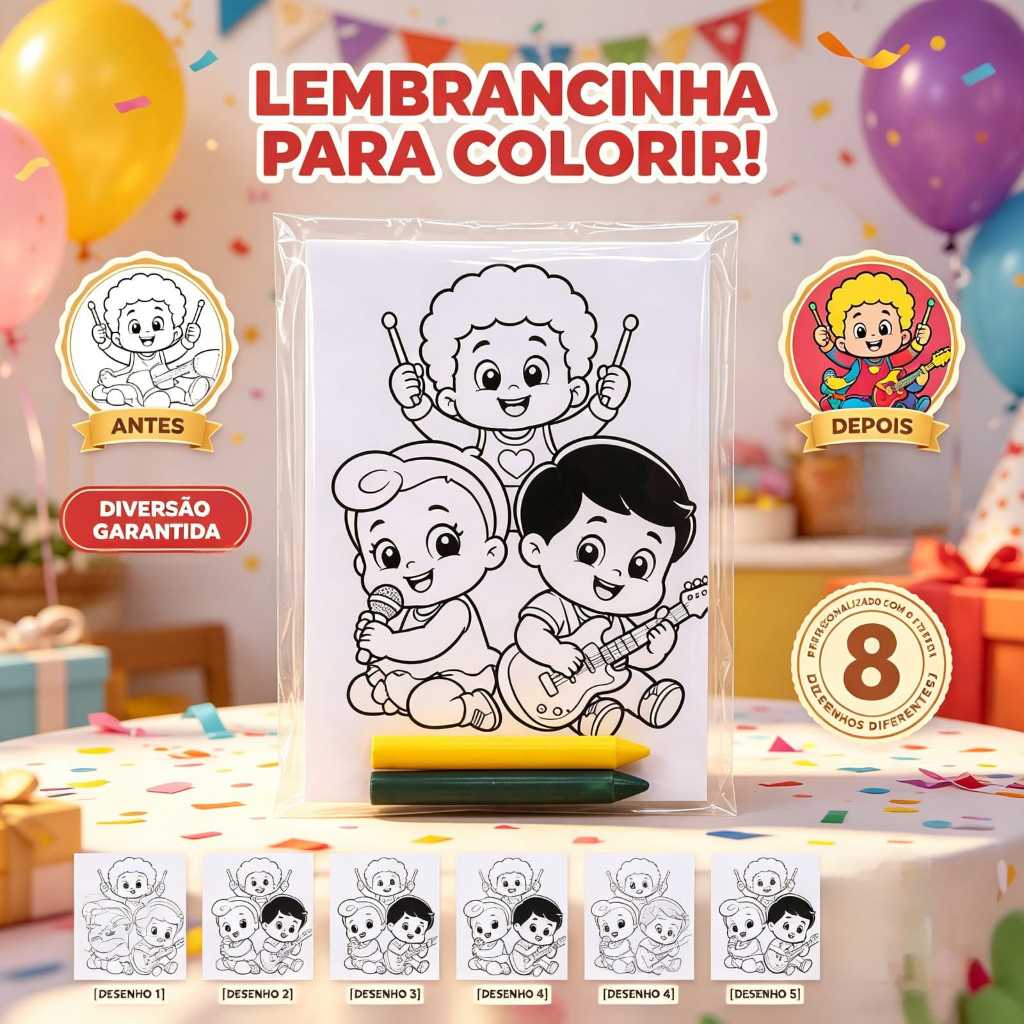Kit Lembrancinhas de Colorir Personalizadas 3 Palavrinhas Baby,Tema à Escolha – Festa Infantil, Lembrancinha Aniversário