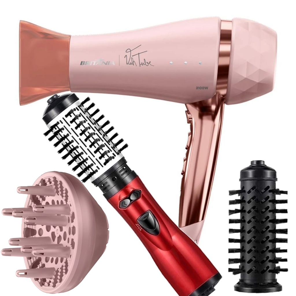 Secador De Cabelo Britania Profissional 2100w Ions Tourmaline Ar Quente Frio Bivolt Difusor Escova 4 em 1 1300w Rotativa