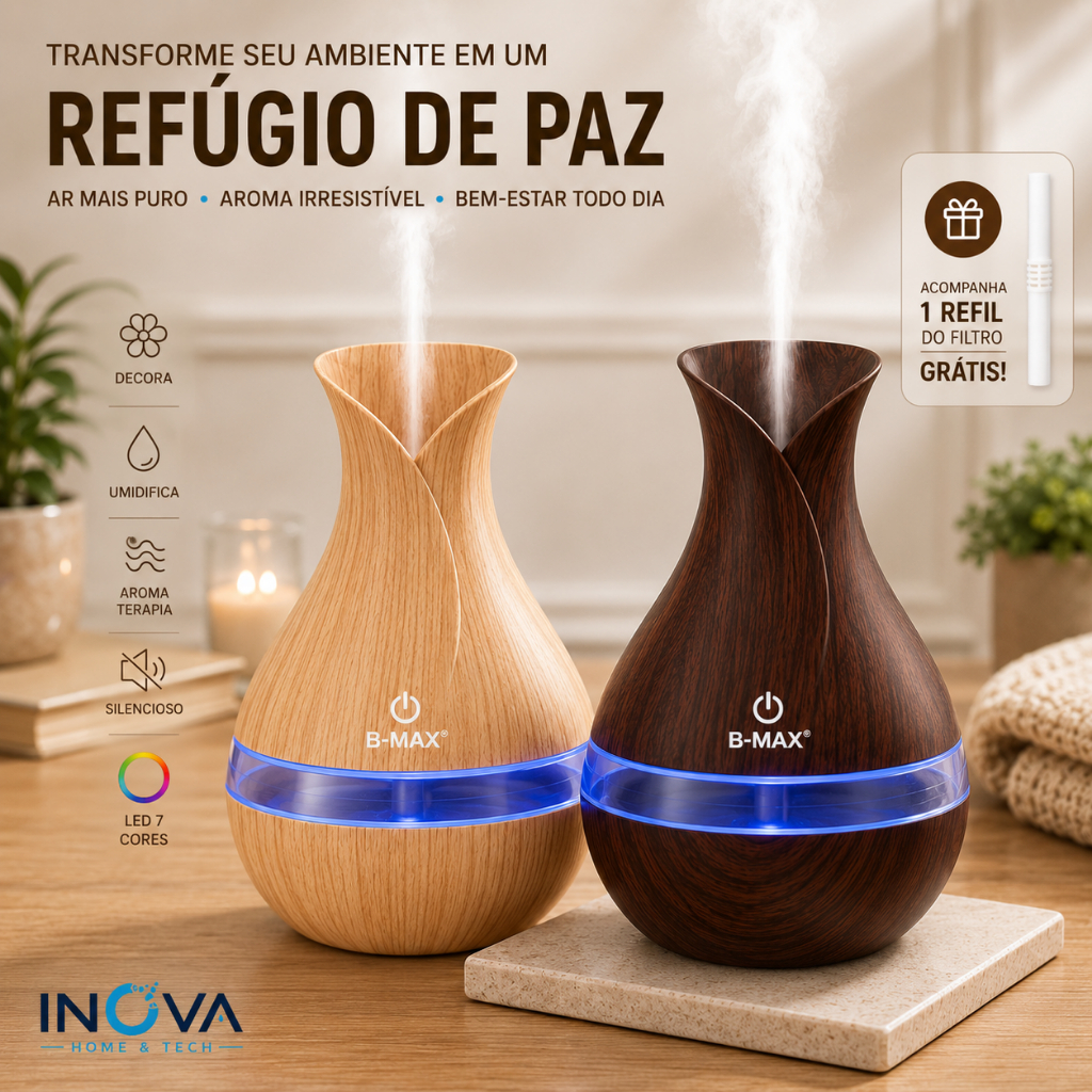 Difusor Aromático Aromatizador Umidificador de Ar 300ml  USB Silencioso Aromaterapia Madeira