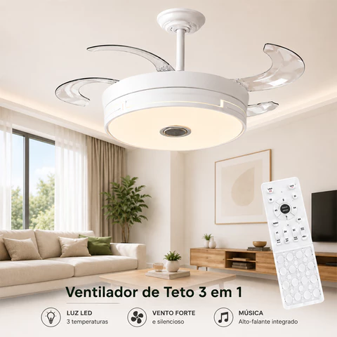 Ventilador de Teto LED Retrátil 42 Pol Branco Bivolt Controle Remoto 3 Cores Função Música