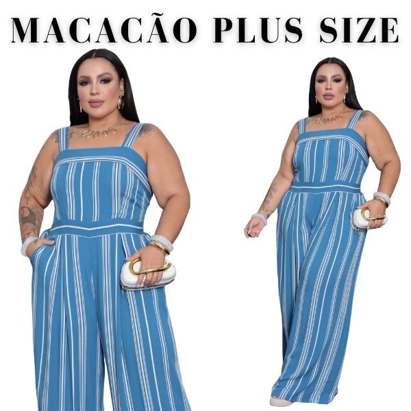 Macacão Pantalona Feminino Plus Size Viscolinho Listrado e Estampado com Bolsos G1 (48-52) Casual Confortável Estiloso
