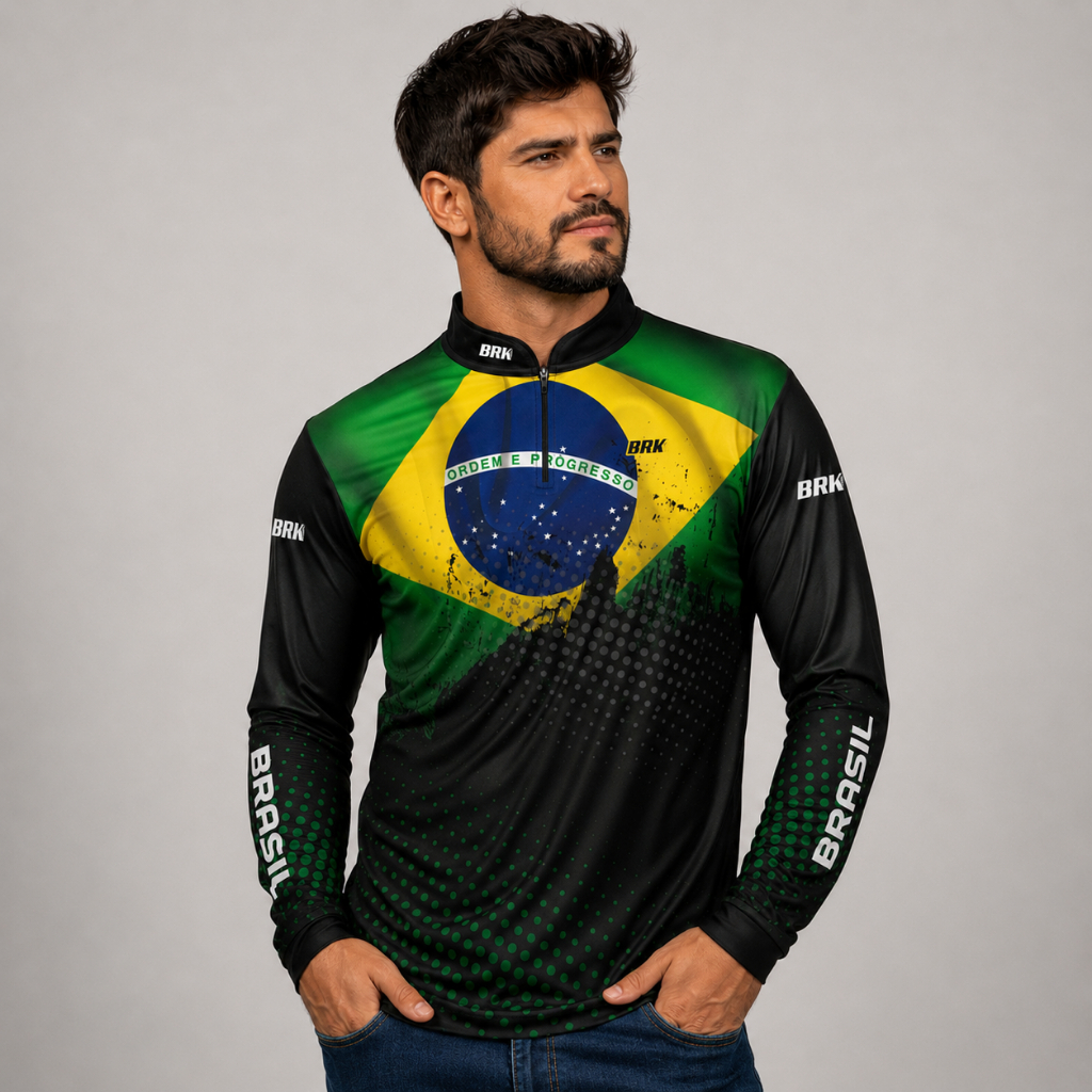 Camisa do Agro Pesca Masculina Brk Bandeira Brasil Térmica Esportiva Natação Futebol Agro Uv50+