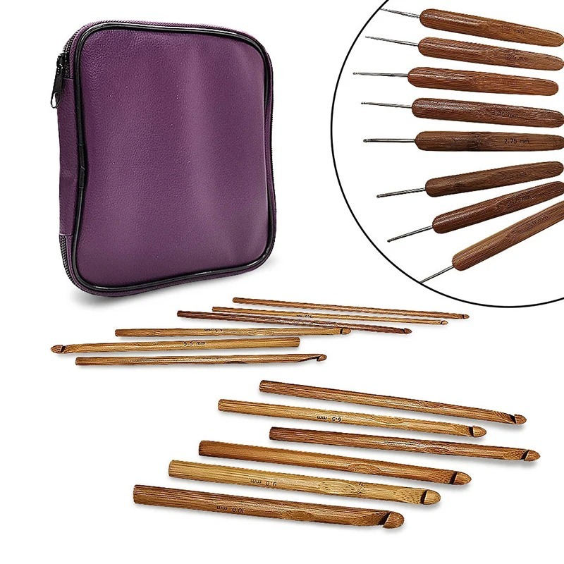 Kit Crochê 20 Agulhas com cabo de bamboo+ Estojo Organizador Portátil