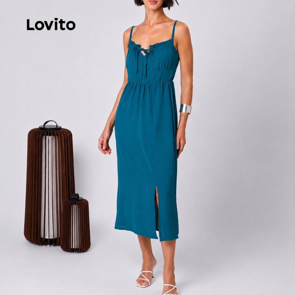 Lovito Vestido Midi Feminino com Detalhe Franzido DRB136BRL165