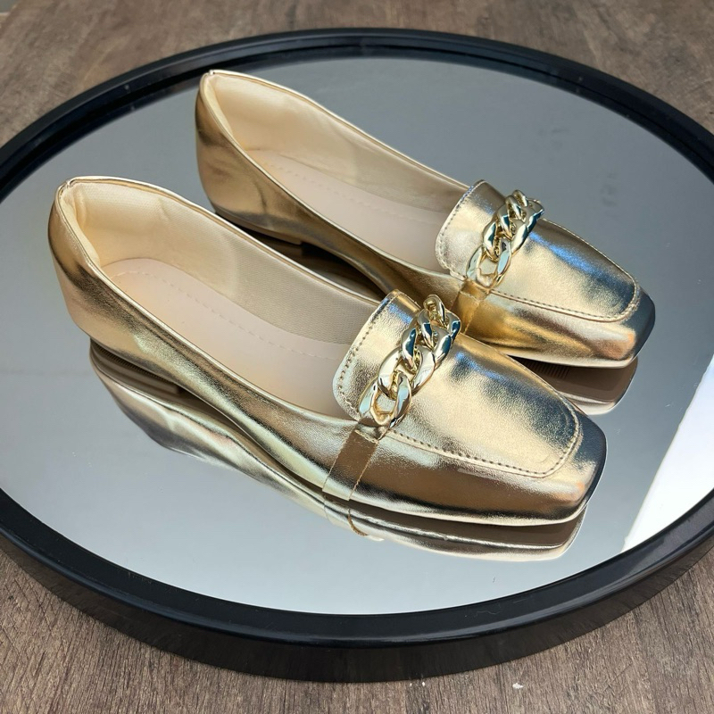Sapatilha Feminina Confortável Luxo Elegante Sapato Feminino Mocassim Corrente Bico Quadrado Dourado