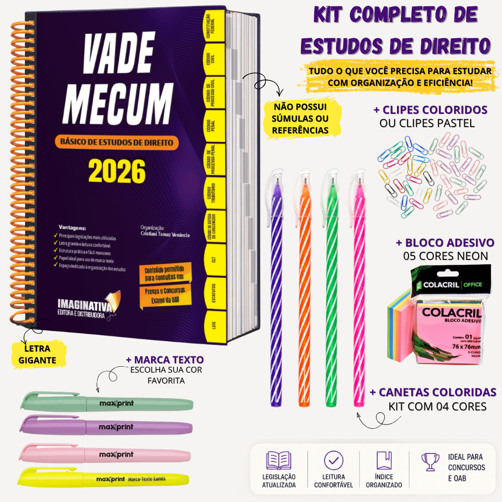 Vade Mecum 2026 - Básico de Estudos de Direito | Com letras grandes + bloco adesivo + marca texto + clipes + canetas