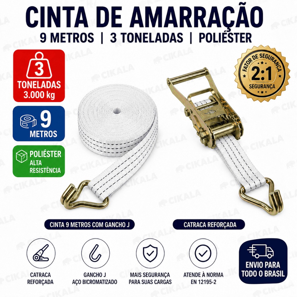 Detalhes do Kit 02 Cintas De Amarração Brancas 9m 3 Ton Cada Com Catracas E Ganchos J Para Carga