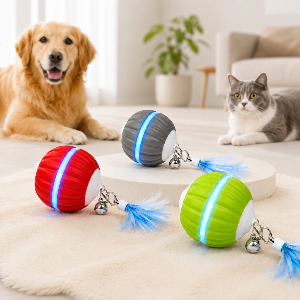 Bola Inteligente Gato Cachorro Pet Brinquedo Interativo Giratória Com Led E Penas Recarregável Via Usb Ag-003