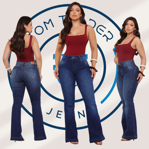 Calça Jeans Feminina Flare Contry Cós e Cintura Alta Levanta Bumbum Com Lycra Elastano Bolsos