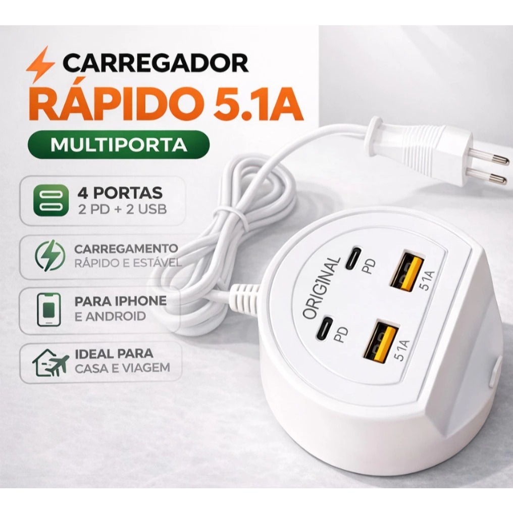 Carregador 2em 1 Turbo 5.1A Rápido USB Tipo C Suporte p/ Celular Universal Tomada Parede Bivolt Mesa