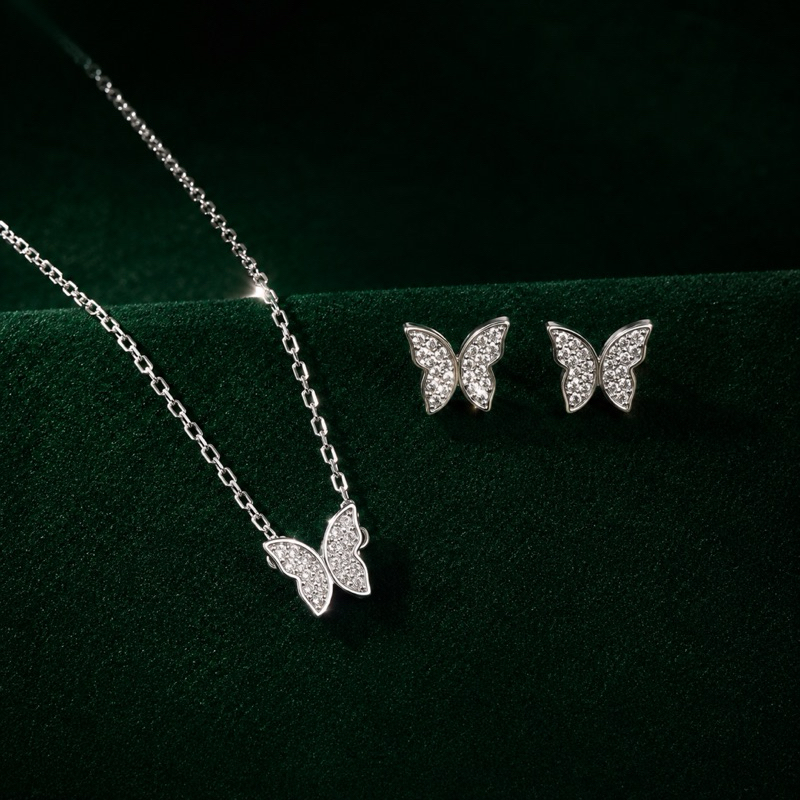 Conjunto Colar e Brincos Borboleta Cravejada Prata 925 Delicado e Sofisticado