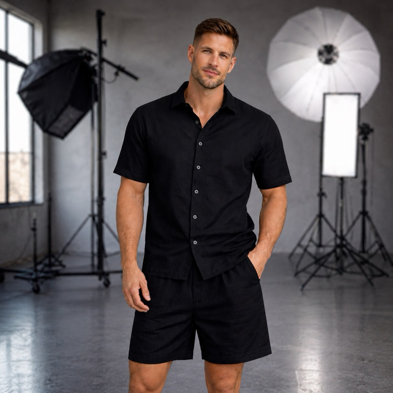 Conjunto Masculino de Linho com Botões /Conforto para o Verão