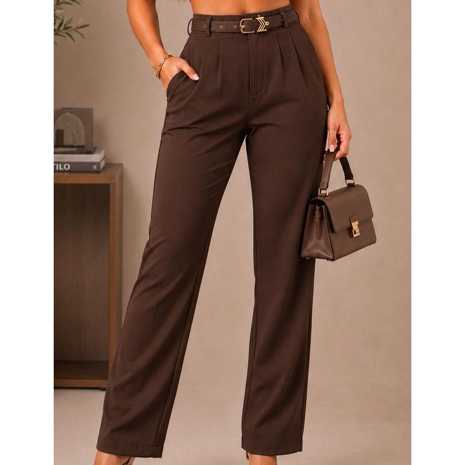CALÇA FEMININA ALFAIATARIA CINTO COM FIVELA DOURADA CINTURA ALTA ELEGANTE SOCIAL PREMIUM