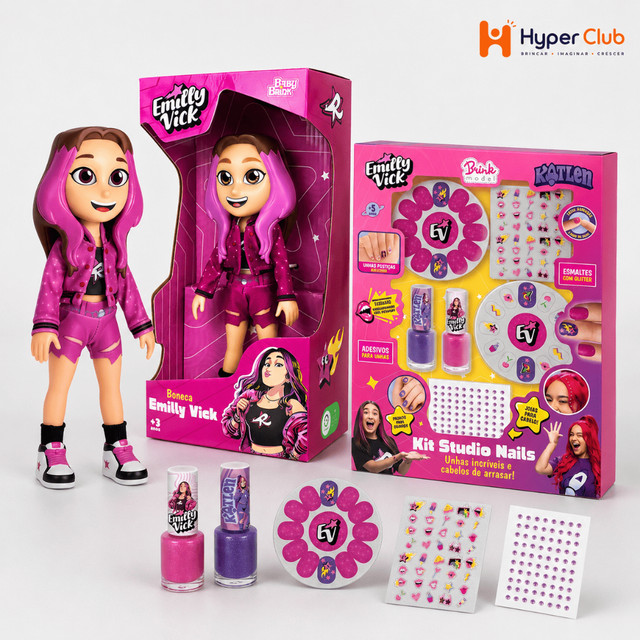 Mega Kit Boneca Emilly Vick Dos Rosa 26 cm + Studio Nails Infantil