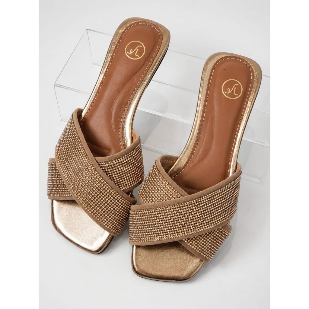 Rasteirinha Feminina com Saltinho Strass Chinelo Slide Sandalia Rasteira Confortável Elegante Brilho Moda Feminina