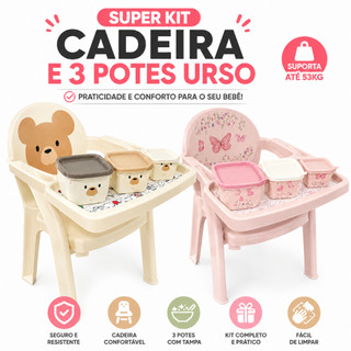 Poltrona Cadeira de Alimentação Bebê Infantil + 3 Potes Urso BPA Free Rosa/Creme