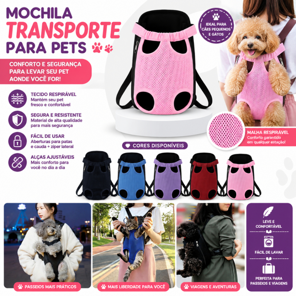Bolsa Canguru para Transporte de Pet / Mochila para Cachorro Pequeno Porte /Preto/Rosa