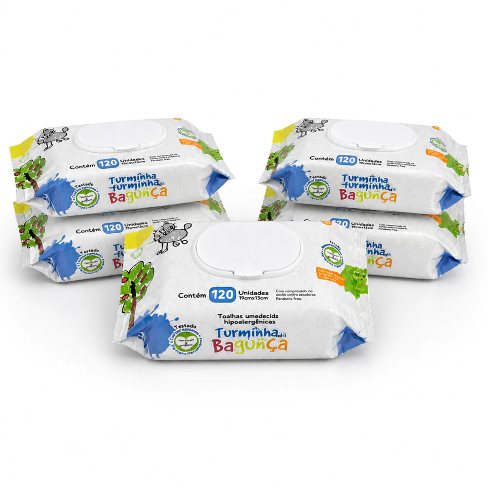 Kit 5 Toalhas Umedecidas Turminha da Bagunça 120 Folhas Lenço Umedecido Vegano Hipoalergênico Sem Álcool e 98% Água