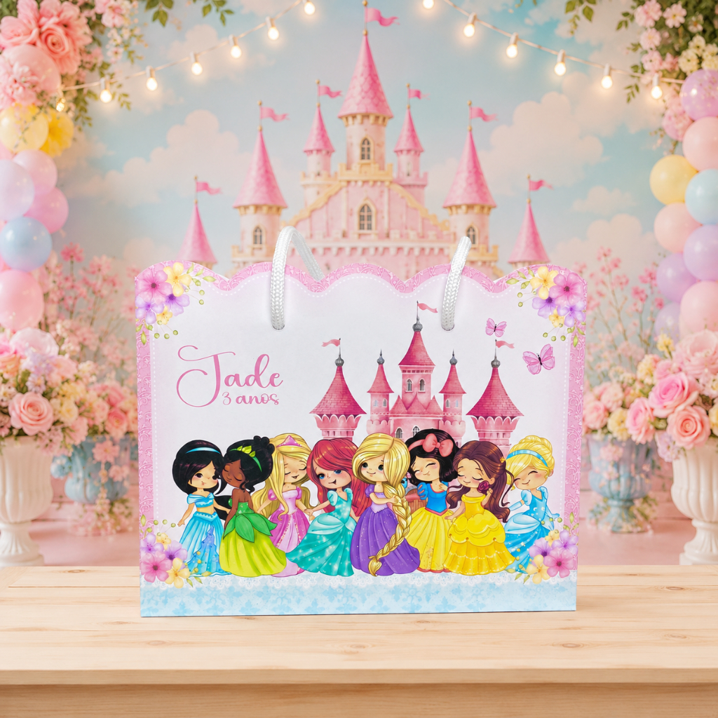 SACOLINHA SUPRESA PERSONALIZADA PRINCESAS-PEGUE E MONTE- FESTA PRINCESA