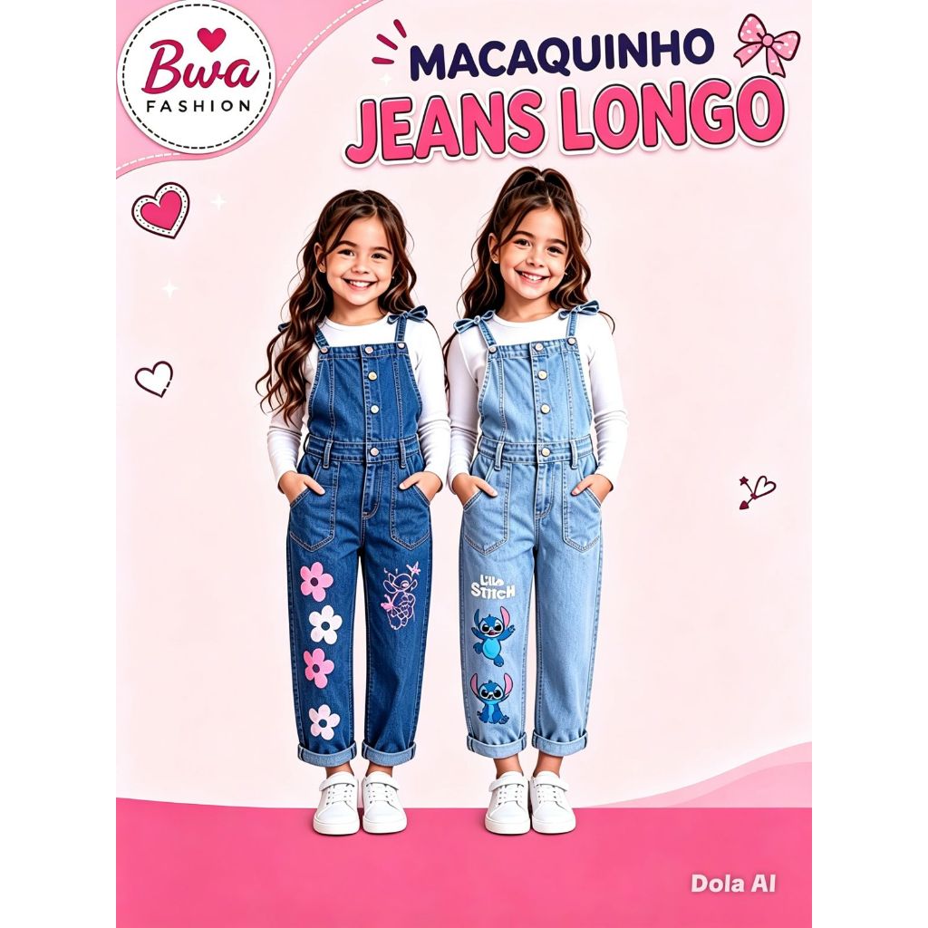Macacão Jeans Infantil Menina Stitch