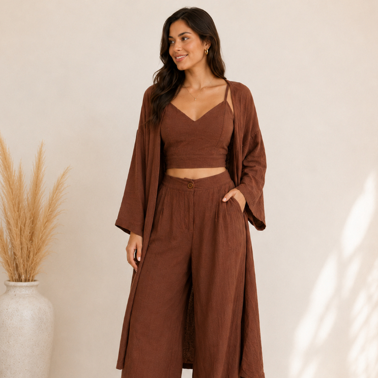 Conjunto Feminino 3 Peças Cropped Calça Pantalona Kimono Casual Elegante