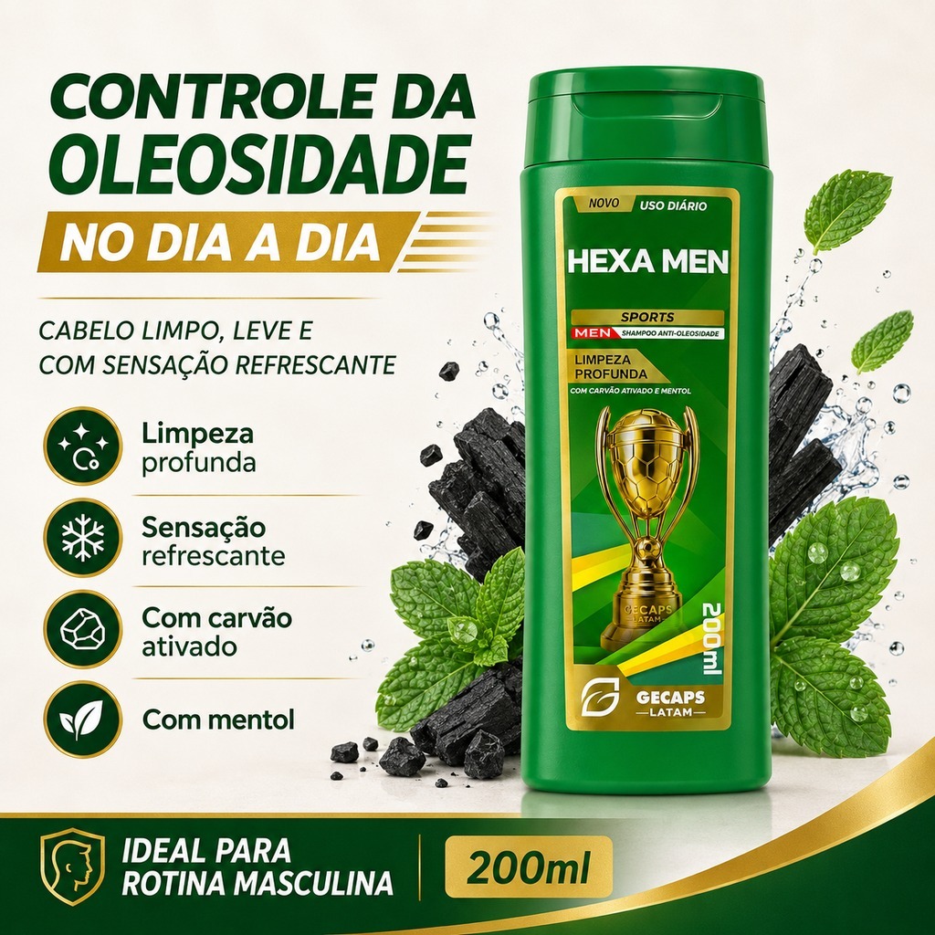 Shampoo Masculino Hexa Men Sports Limpeza Profunda 200ml | Controle de Oleosidade + Sensação Refrescante | Uso Diário