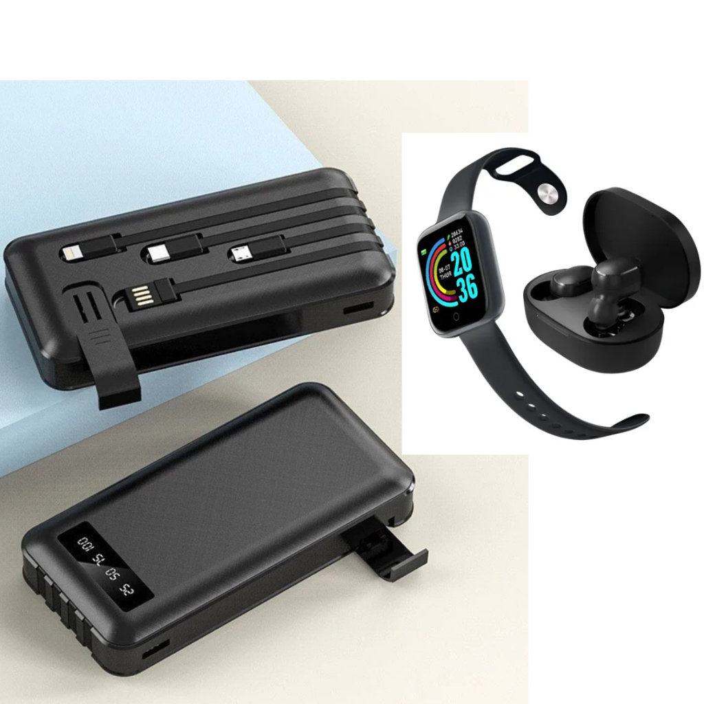 Power Bank 20000mAh Carregador Portátil Universal 4 Cabos Carga Rápida + Fone Bluetooth + Smartwatch