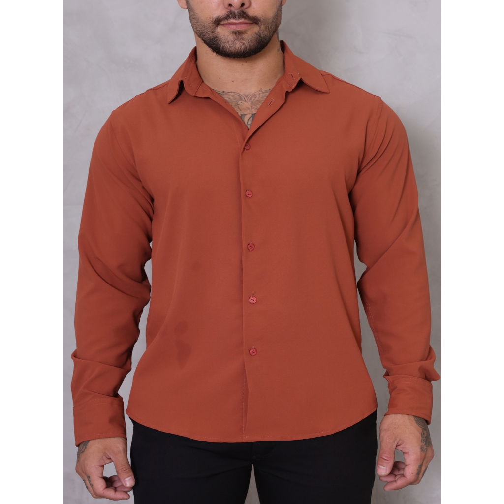 Camisa Social Masculina Manga Longa Slim Tecido Micro Fibra Fit Elegante Spandex para Escritório e Eventos