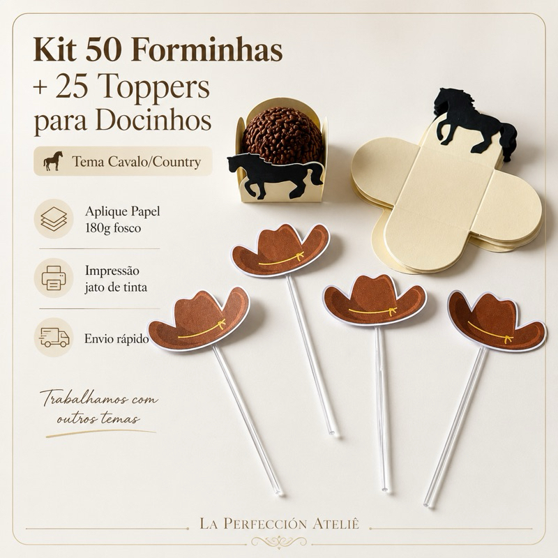 kit 50 forminhas + 25 toppers Tema Cavalo Haras Festa Country Topper Doces Chapéu Fazendinha