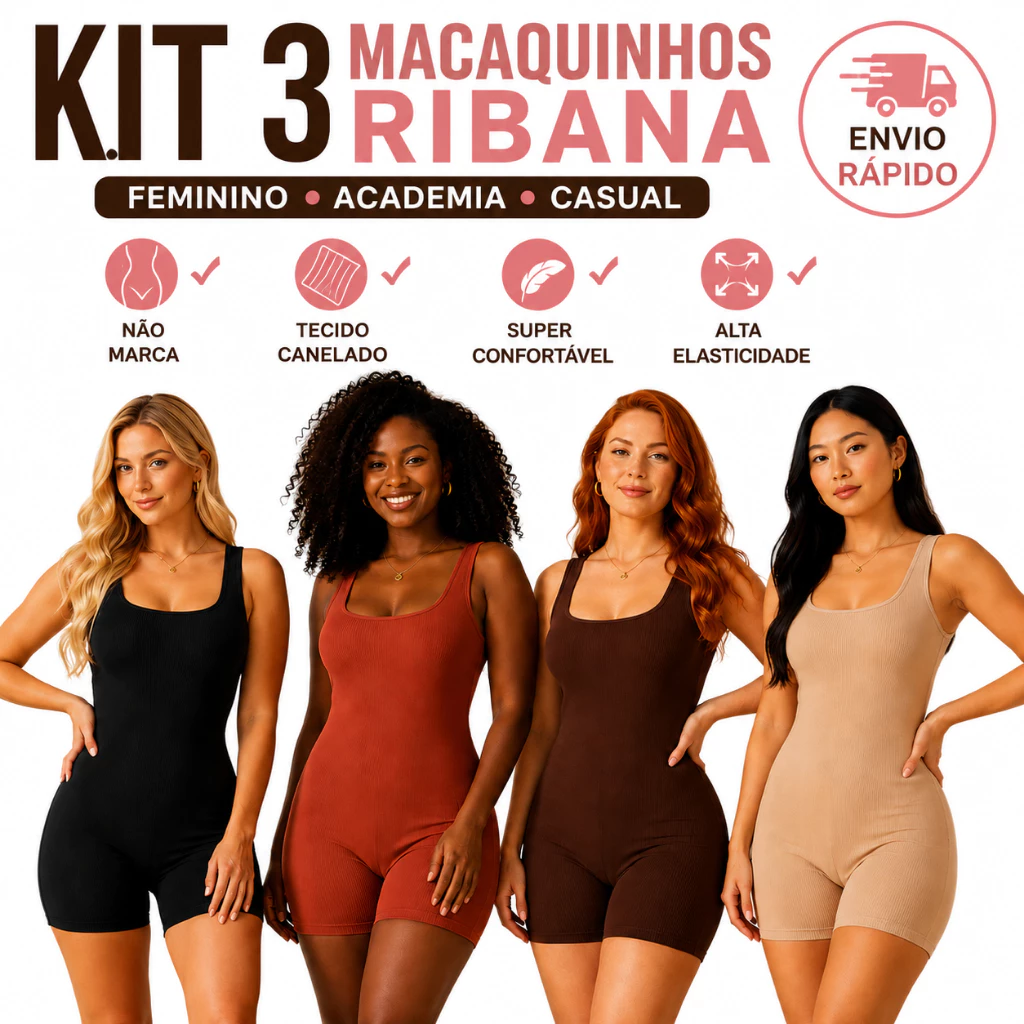 Kit 3 Macaquinho Feminino Ribana Canelada Academia Casual Fitness Modelador Curto Alta Elasticidade M G — imagem 1