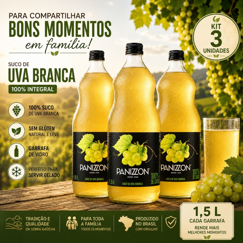 KIt 03 Suco Panizzon Uva Branca Integral 100% Garrafa 1,5L Vidro