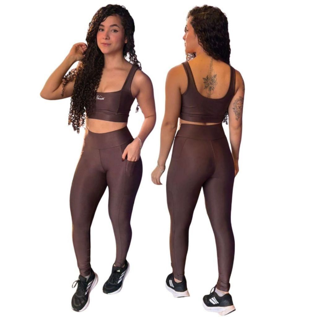 Conjunto de Academia Feminino Fitness/C Bolso Calça Legging Zero Transparência com Cintura Alta