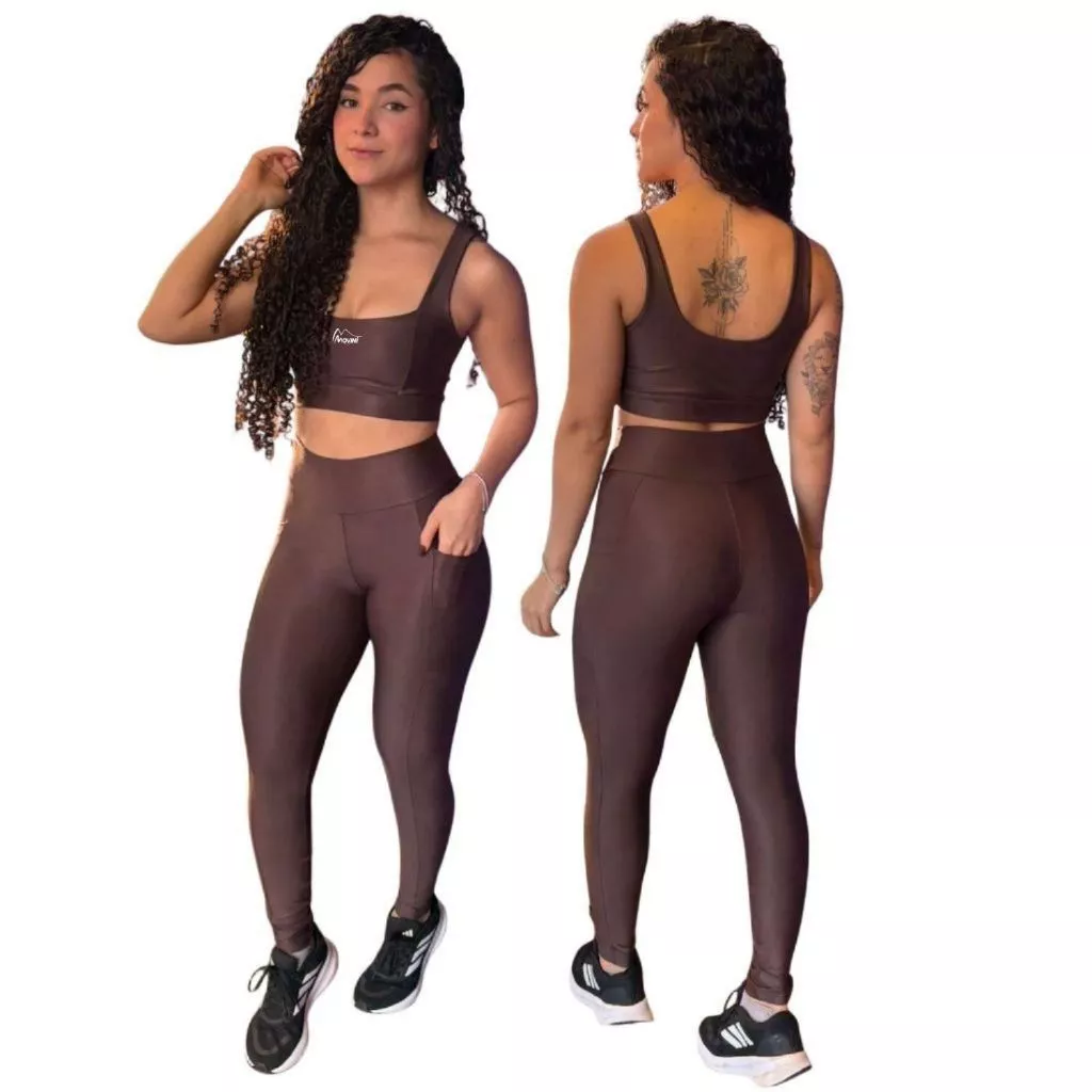 Conjunto de Academia Feminino Fitness/C Bolso Calça Legging Zero Transparência com Cintura Alta — imagem 1