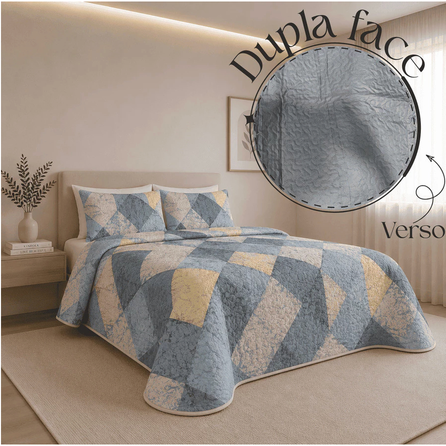 Kit Colcha Cobre Leito Estampado Dupla Face 3 peças Queen