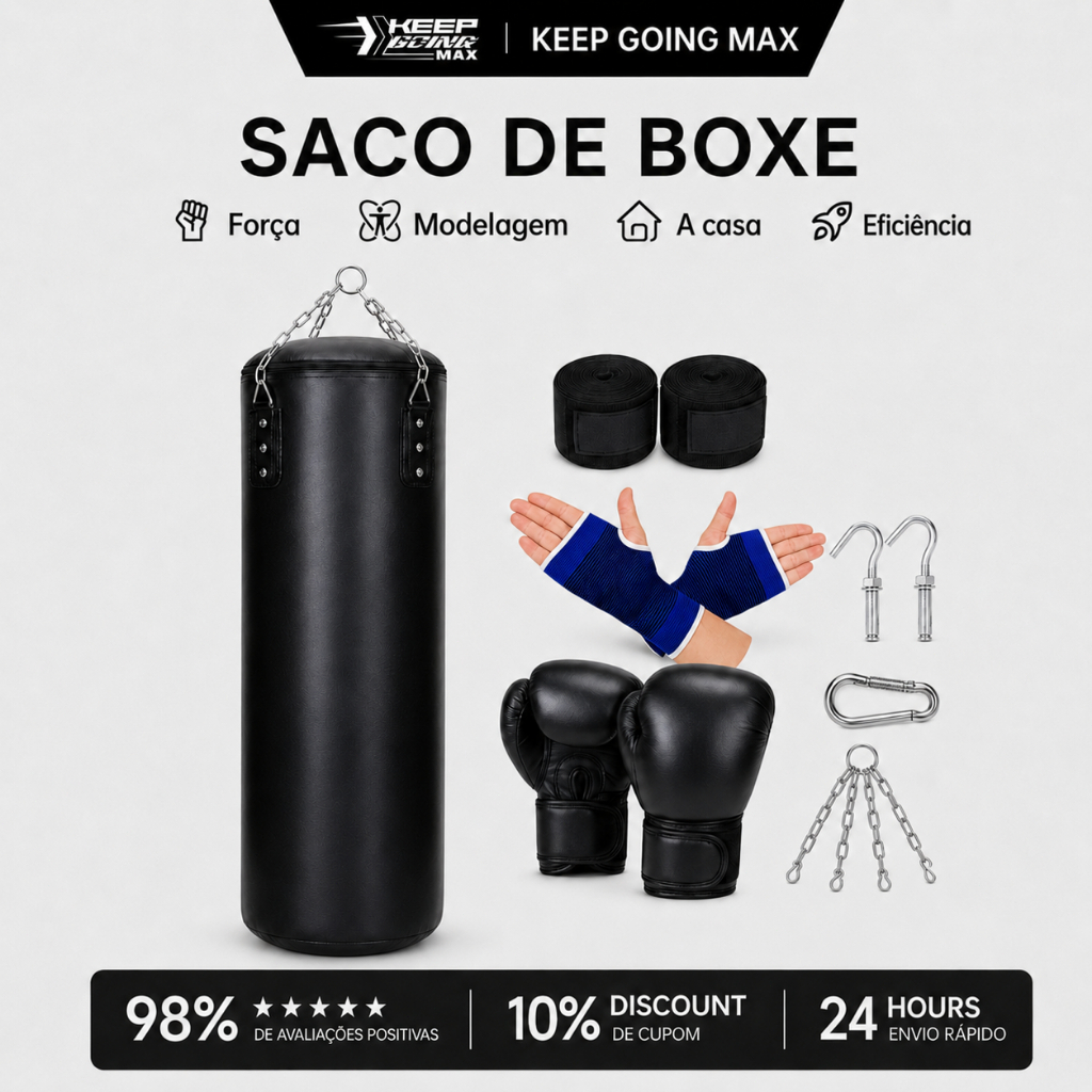 keep Saco de Boxe Kit Completo 120/150cm com Luvas Corrente Acessórios Resistente Treino Casa Academia Preto