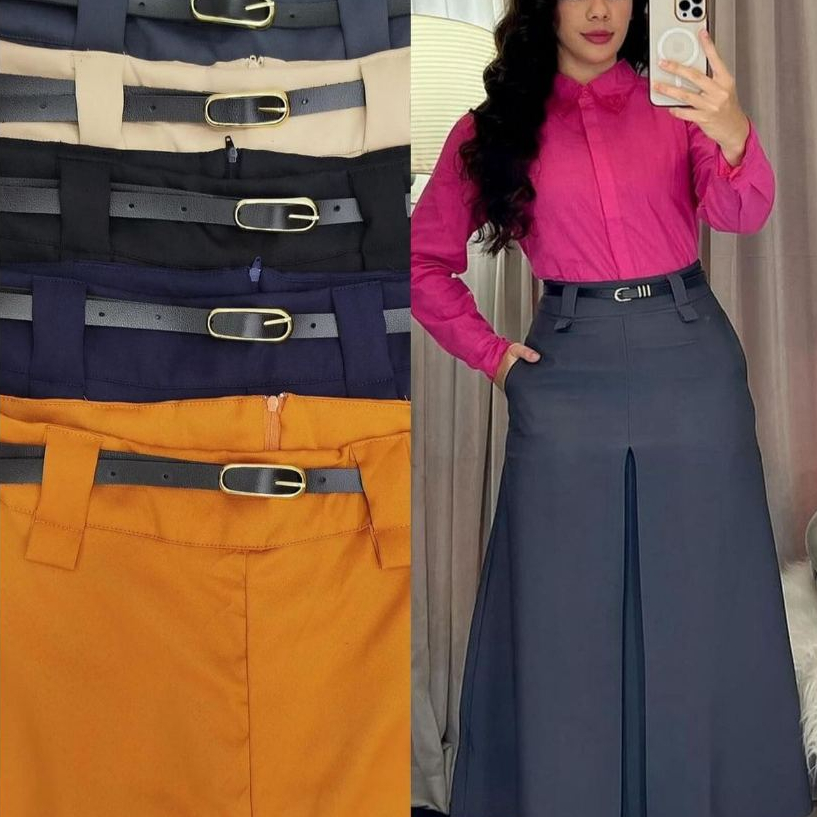 Saia Longa Alfaiataria Fit e Flare Moda Evangélica Tendência Feminino Com Cinto -0237